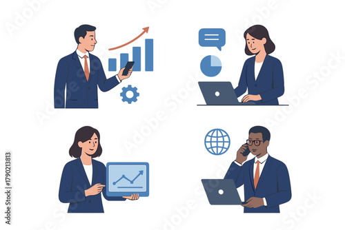 Diverse business professionals analyzing data and communicating using modern technology