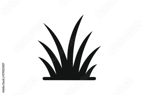 Minimalist black silhouette icon depicting a small clump of grass blades growing from the ground