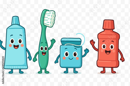 Cheerful group of oral care supplies including toothpaste, toothbrush, floss, and mouthwash