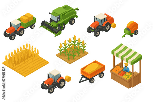 Isometric farming equipment and agricultural elements set including machinery and crops