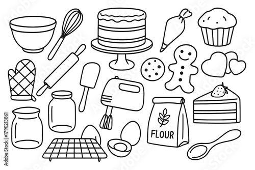 Set of hand-drawn kitchen tools and sweet baked goods for cooking and pastry preparation