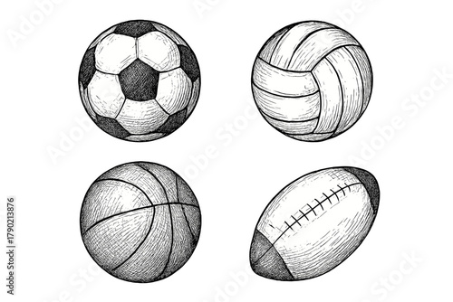 Collection of four popular athletic game balls: soccer, basketball, volleyball, and American football