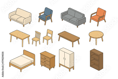 Isometric modern home furniture set including sofas chairs tables bed and storage units