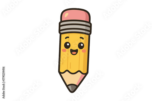 Happy cartoon pencil character smiling brightly with a pink eraser and metal ferrule