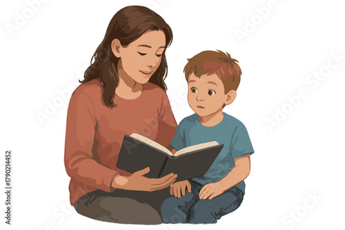 Mother reading a storybook aloud to her attentive young son during family time