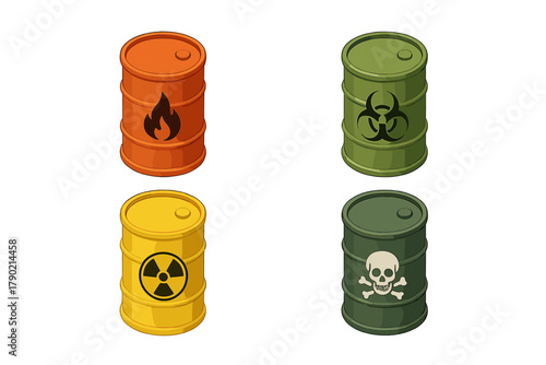 Hazardous waste barrels featuring fire, biohazard, radioactive, and toxic warnings