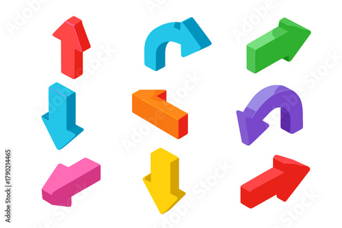 Set of nine colorful isometric 3D arrows for navigation and interface design