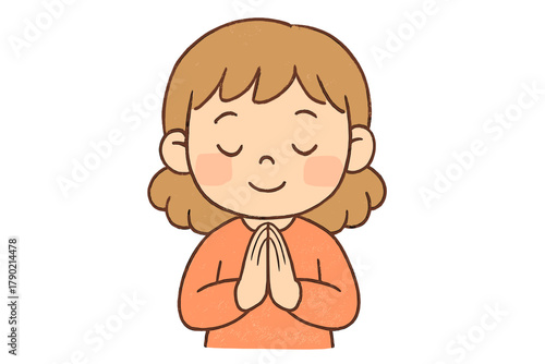 Smiling person with closed eyes making a respectful gesture of thanks or apology