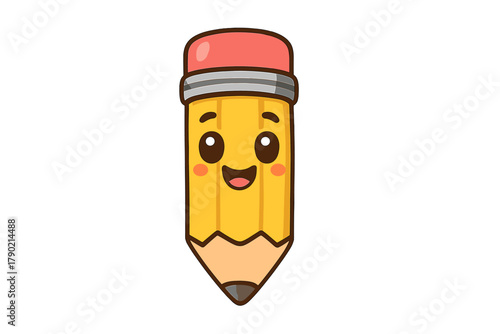Cute yellow pencil mascot with a cheerful smiling face and pink eraser
