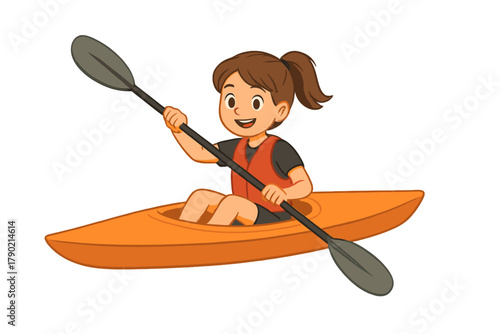 Smiling child wearing safety vest paddling a bright orange kayak on a recreational summer adventure