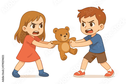 Young boy and girl arguing and struggling over possession of a brown teddy bear toy