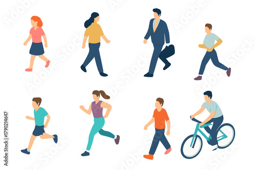 Diverse group of people walking running and cycling in various active poses isometric view
