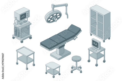 Isometric set of operating room equipment including surgical table, medical monitor, light, and carts