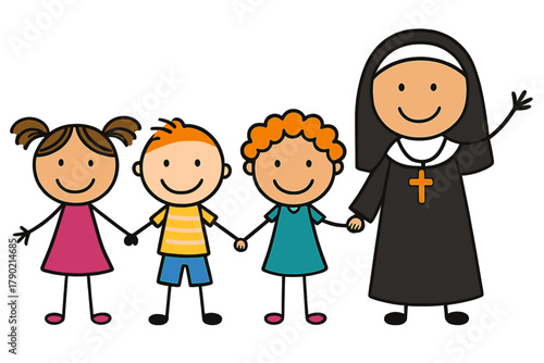 Catholic nun and cheerful young students holding hands symbolizing religious education and care