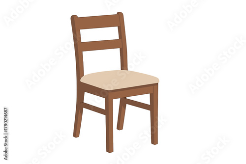 Traditional brown wooden dining chair featuring a slat back design and a soft beige upholstered seat