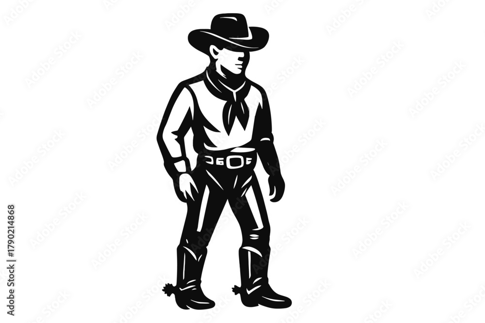 Fototapeta premium Standing cowboy wearing traditional Western hat, bandana, and boots with spurs