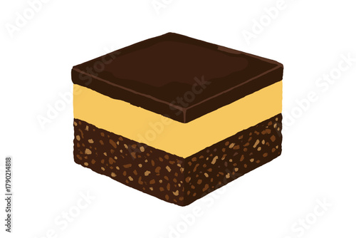Square layered dessert bar featuring chocolate ganache, custard filling, and crumb base