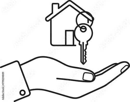 Hand holding keys, house icon symbol, property transfer concept, real estate vector art, home ownership graphic, cad drawing flat vector illustration