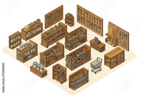 Isometric interior of a busy hardware store with shelves stocked with tools, paint, and building supplies