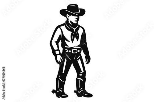 Standing cowboy wearing traditional Western hat, bandana, and boots with spurs