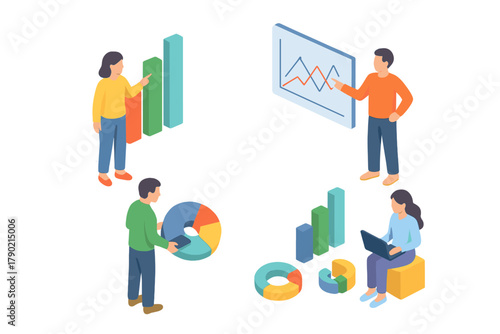 Business team analyzing financial data charts and statistics in modern isometric style
