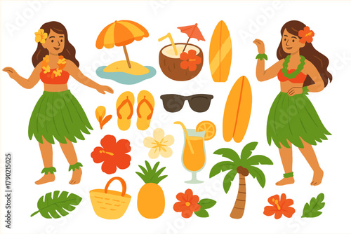 Set of Hawaiian summer vacation elements including hula dancers, surfboards, and tropical drinks