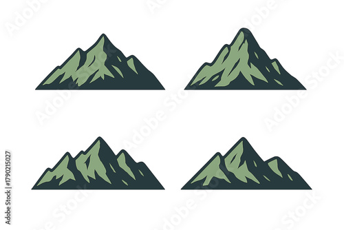 Four stylized mountain peak designs for outdoor adventure logos and emblems