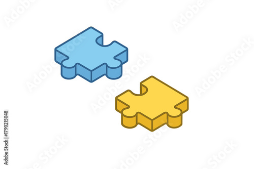 Two separate isometric puzzle pieces in blue and yellow symbolizing connection and solution