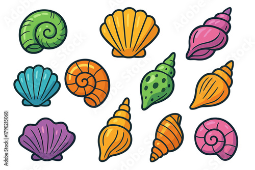 Vibrant collection of diverse marine seashells and snail shells in a playful cartoon aesthetic