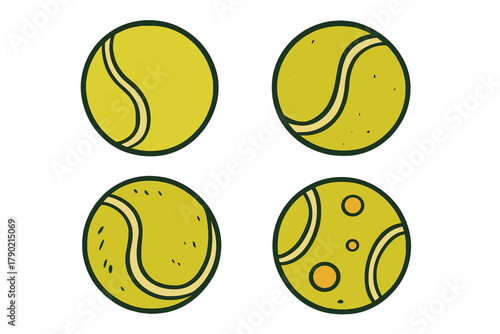 Stylized collection of four yellow-green tennis balls for sports and game design