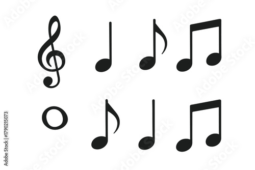 Collection of basic musical notation symbols including treble clef and various note values in black silhouette