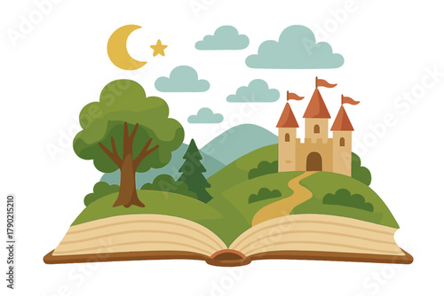 Fairytale landscape with a fantasy castle emerging from an open book under a crescent moon