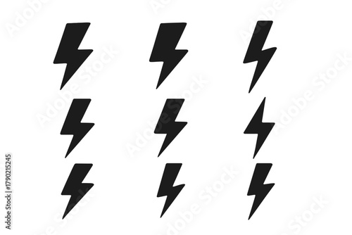 Nine simple black lightning bolt symbols representing electricity and power