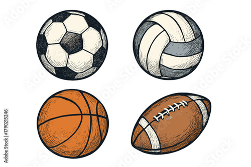 Classic collection of sports balls: soccer, basketball, volleyball, and American football equipment