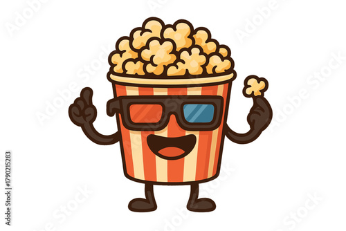 Happy popcorn mascot character wearing 3D glasses giving a thumbs up gesture for cinema entertainment