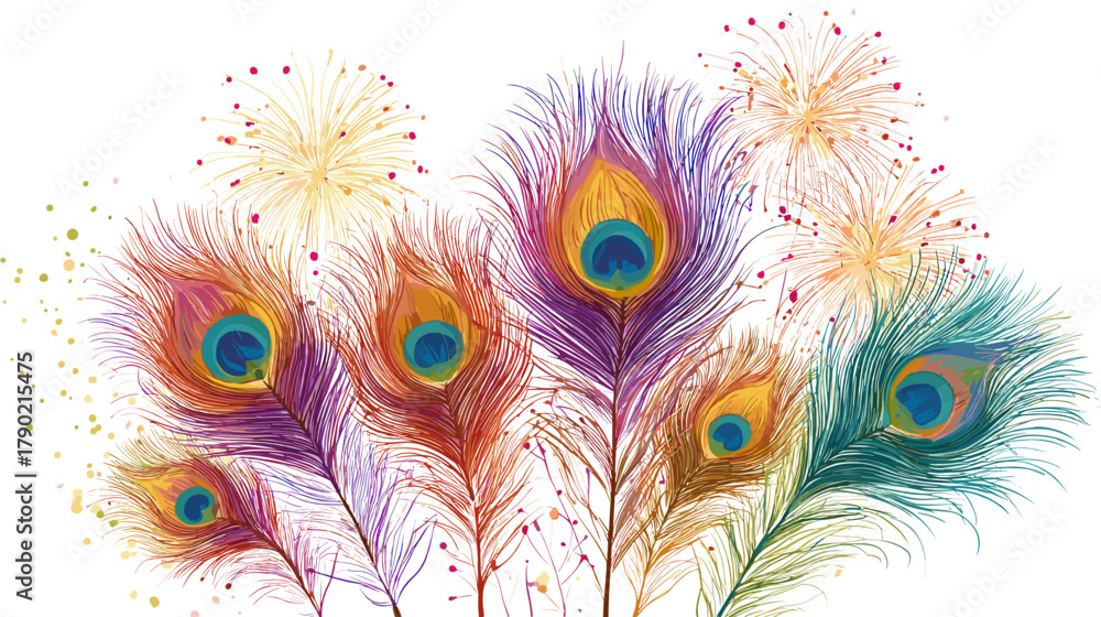 Obraz premium Colorful Peacock Feathers with Fireworks Vector Illustration