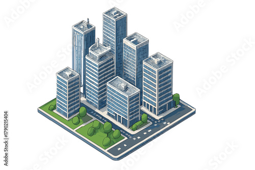 Isometric modern city district with tall buildings and green parks on white background