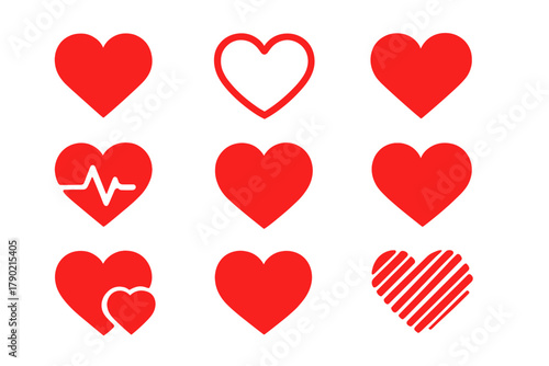 Collection of nine different red heart icons representing love, romance, health, and passion
