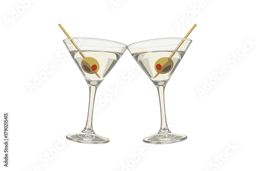 Two classic martini cocktails in elegant glasses with green olives on skewers toasting