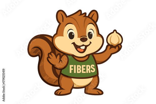 Cheerful squirrel mascot wearing a shirt labeled Fibers and holding a nut