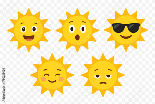 Set of five bright yellow sun characters showing various emotional expressions and moods