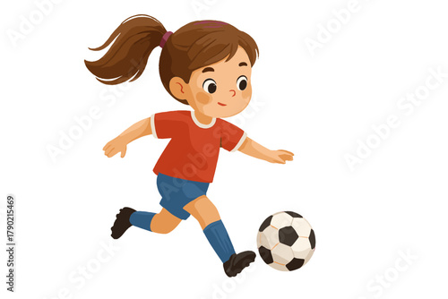 Happy young girl playing soccer dribbling the ball forward in a dynamic pose