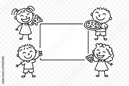 Black and white doodle frame border featuring happy children holding pizza slices