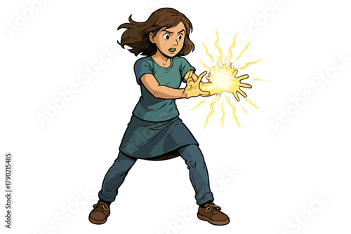 Determined young woman unleashing bright yellow energy from her hands in a dynamic action stance