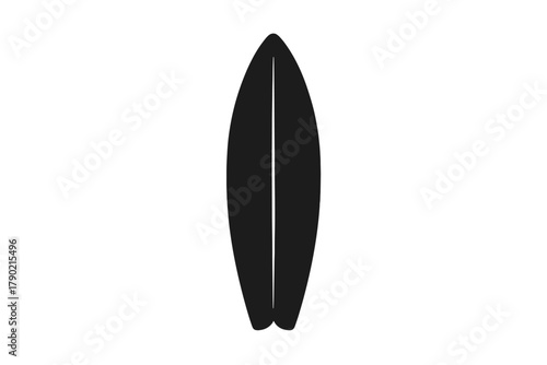 Minimalist black silhouette icon of a vintage twin-fin surfboard used for water sports