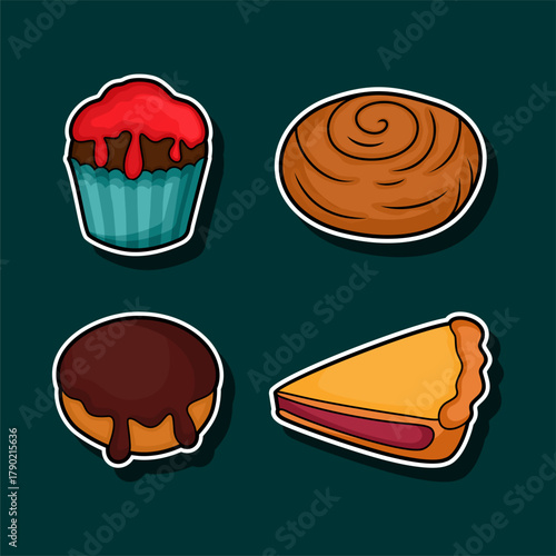 Delicious Assortment Sticker of Baked Cupcake Cinnamon Roll Donut and Pie
