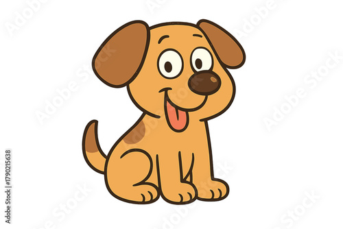 Cute happy puppy sitting down with tongue sticking out and smiling widely