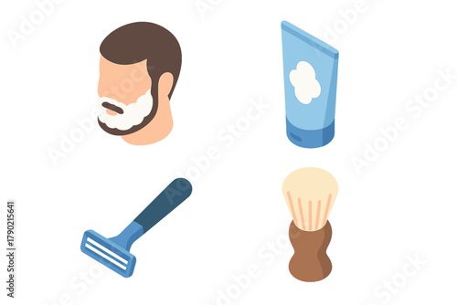 Collection of personal grooming tools for men featuring a razor, shaving brush, cream, and a face with foam