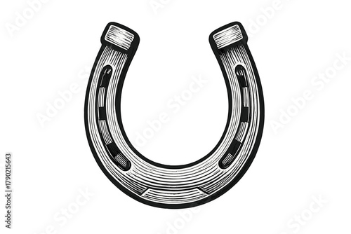 Classic black and white horseshoe symbol of good fortune and protection in vintage engraving style