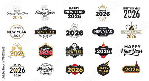 Diverse Vector Collection of Happy New Year 2026 Logos and Badges for Festive Celebrations